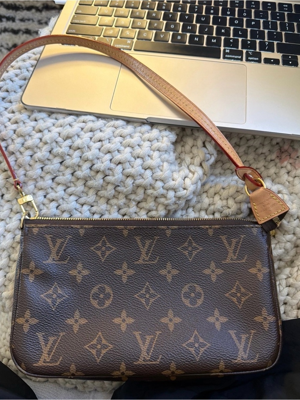 Louis Vuitton Brown Monogram Canvas Wristlet with Pink-Edged Vachetta Strap - Picture 2 of 5